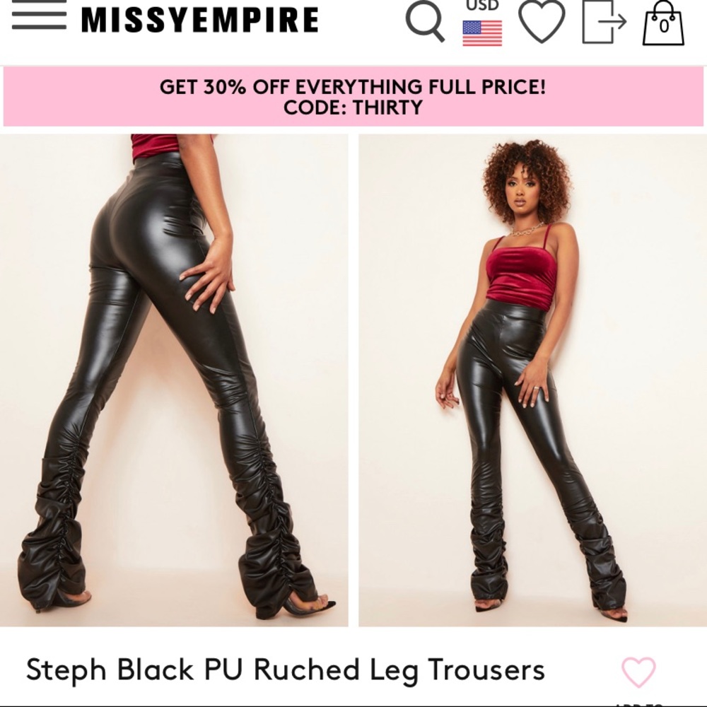 Black ruched leather pants